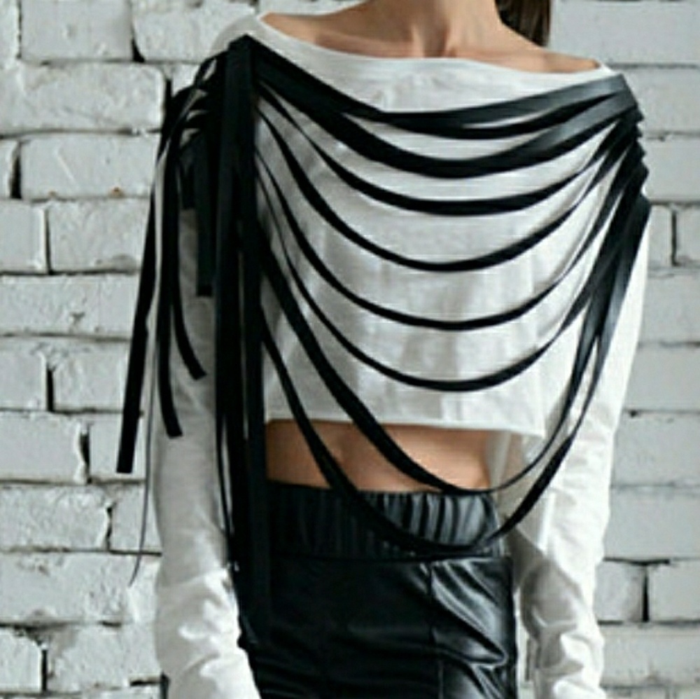 White Crop Top with Black Leather Fringes